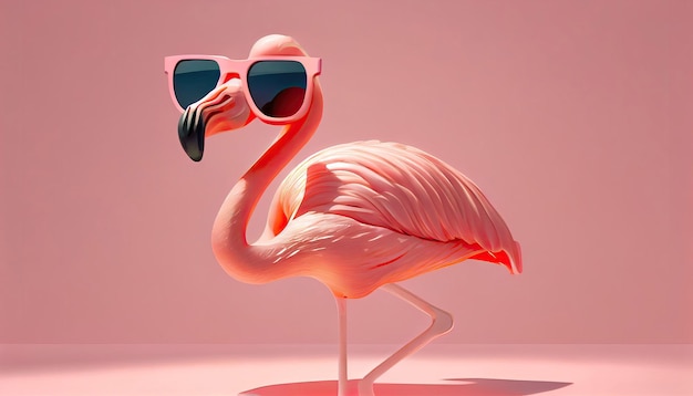 Flamingo flutua com óculos de sol em fundo rosa pastel em uma ilustração 3D de conceito mínimo de verão