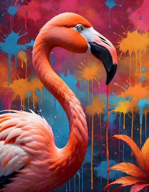 Foto flamingo en el fondo de una salpicadura de pintura vibrante