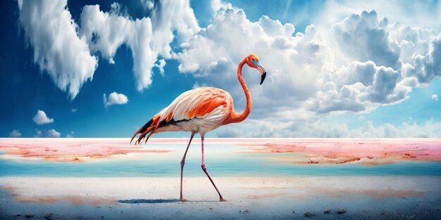 Flamingo geht am tropischen Strand mit blauem Himmel, weißen Wolken, abstraktem Hintergrund, Naturumgebung und Tierkonzept