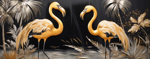 Flamingo-Illustration auf Marmorhintergrund mit goldenen Spritzen Hintergrundtapete