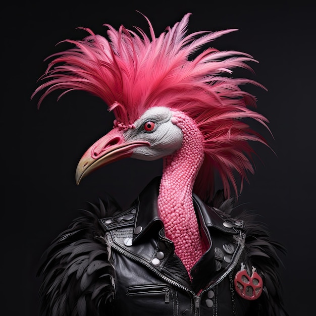 Flamingo im Punkrock-Stil mit Irokesenschnitt