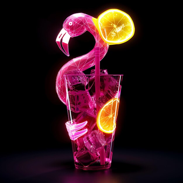 Flamingo in rosa Lemonade-Material durchsichtig mit P-Hintergrundkunst Y2K glühendes Konzept