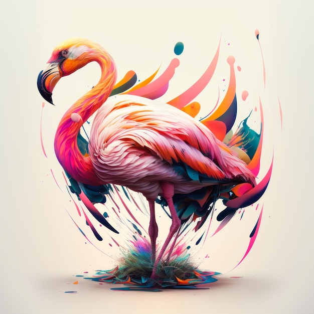 Flamingo mit bunten Spritzern auf seinem Körper Generative KI