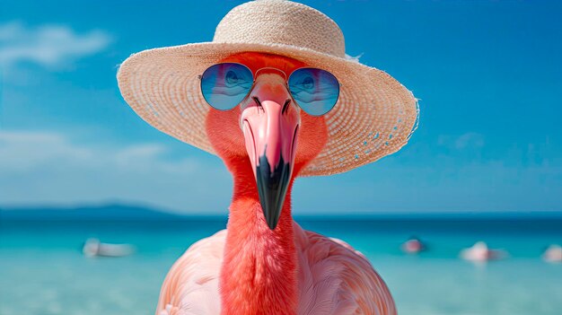 Flamingo mit Hut und Sonnenbrille an einem tropischen Strand. Generative KI