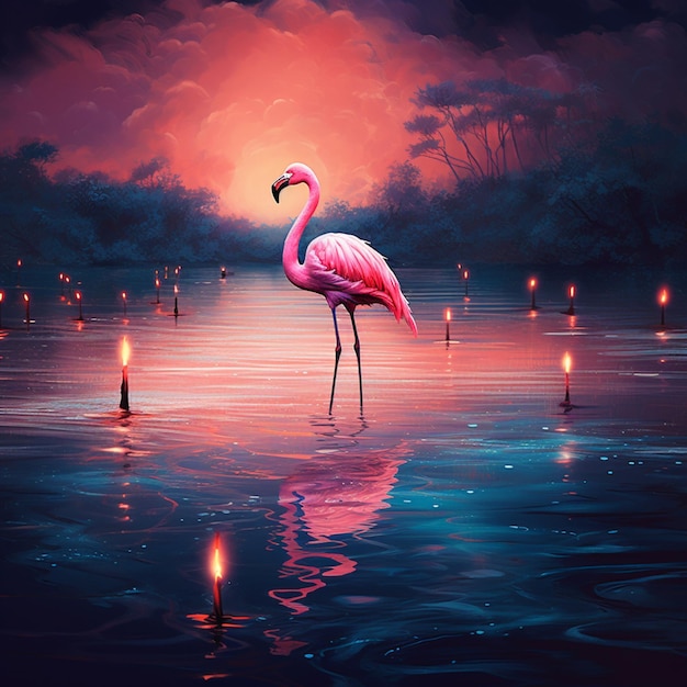 flamingo na água de um rio com tons de rosa e azul