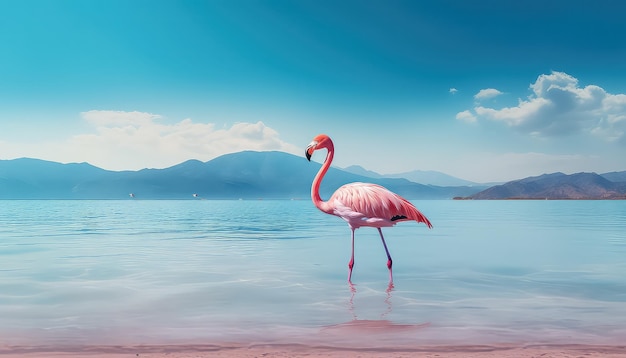 flamingo na praia e nas águas que cercam as montanhas