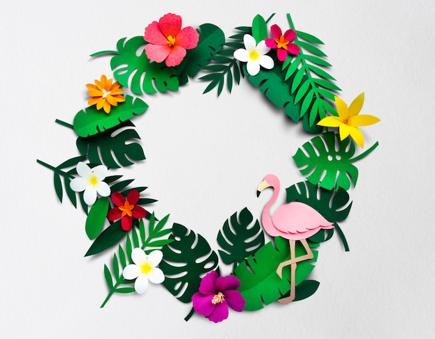 Flamingo nature papercraft deixa plantas