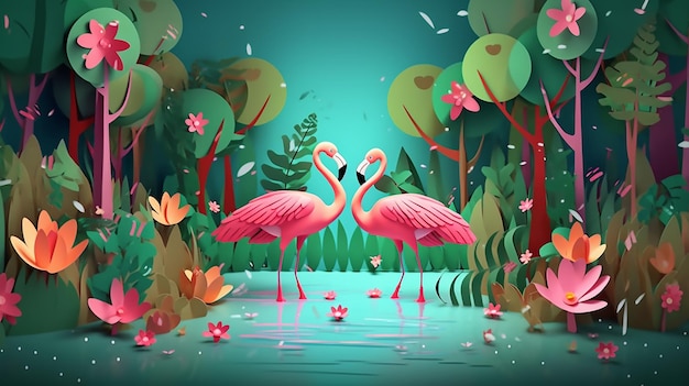Flamingo-Paar lebt im tropischen Wald und spielt generative KI