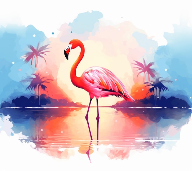 Flamingo parado na água com pôr do sol em segundo plano generativo ai