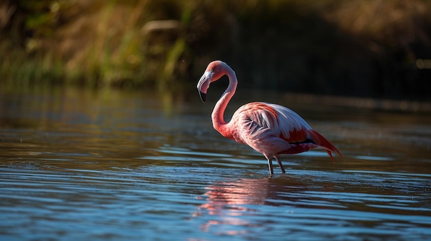 Flamingo rosa chileno de pé na água Generative Ai