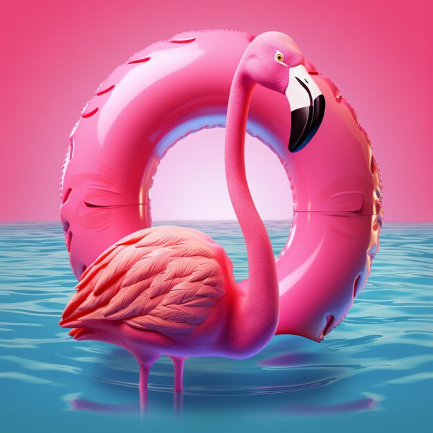 Foto flamingo rosa com óculos de sol flutua em um inflável