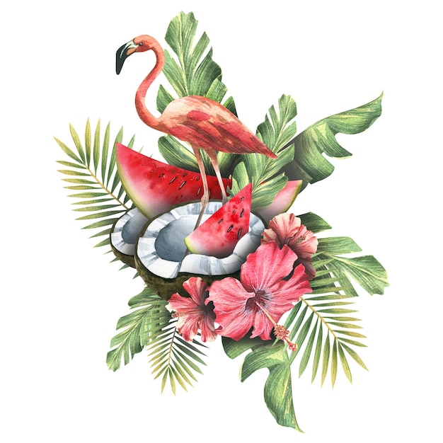 Flamingo rosa com pedaços de coco e melancia com flores de hibisco e folhas de palmeira ilustração em aquarela de uma composição tropical de um grande conjunto de cuba para decoração e design