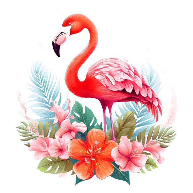 Foto flamingo rosa e flores tropicais folhas verdes como desenho de verão