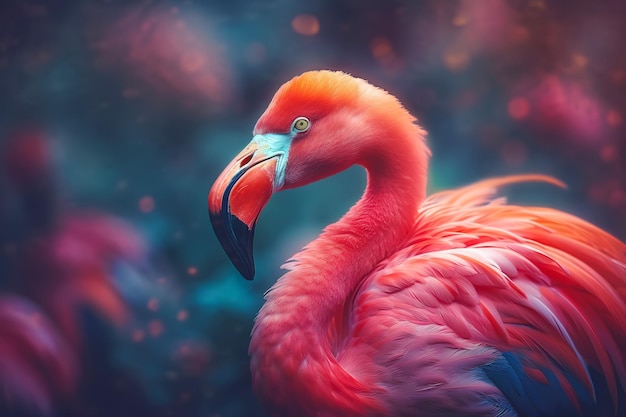 Flamingo rosa em fundo floral tropical exótico Ilustração generativa de IA