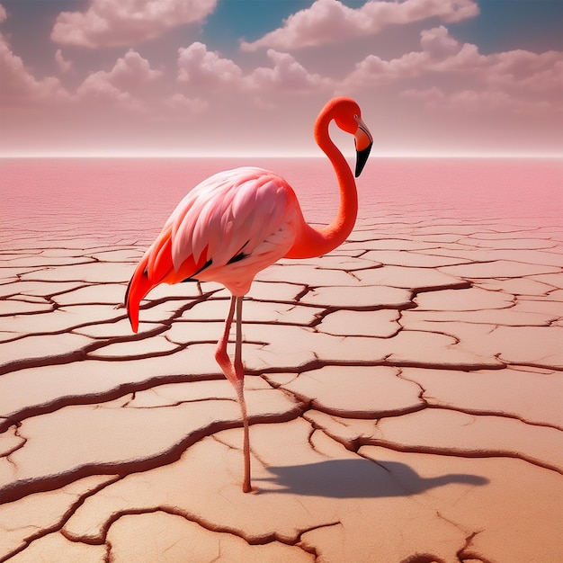 Flamingo rosa em um leito de lago rachado seco sob um céu ensolarado enfatiza a textura rachada do lago