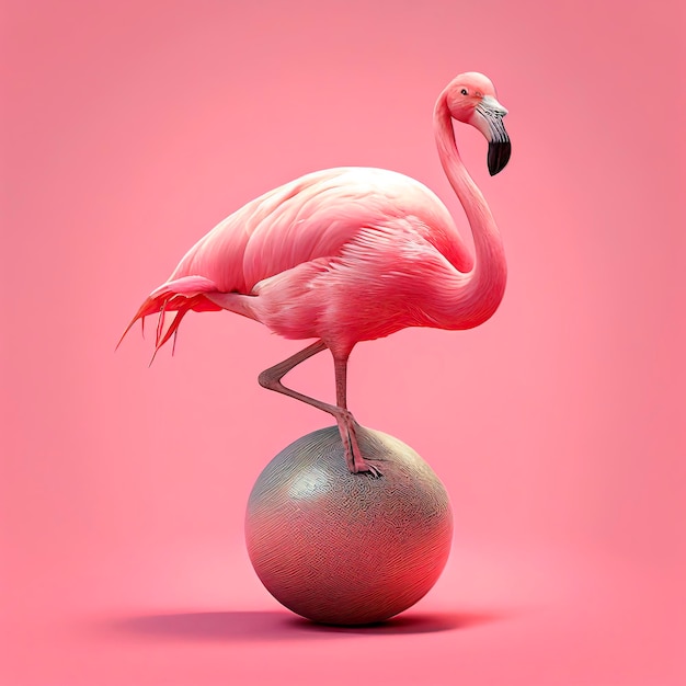 Flamingo rosa equilibrando-se em um fundo rosa de bola rosa