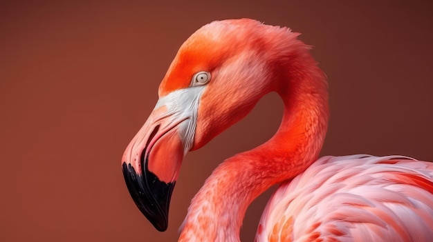 Flamingo rosa fechar retrato em fundo rosa Generative AI