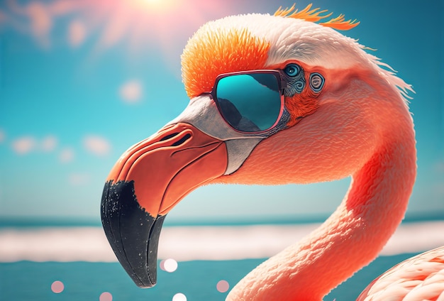 Flamingo rosa usando óculos de sol de verão Fundo de verão Generative ai