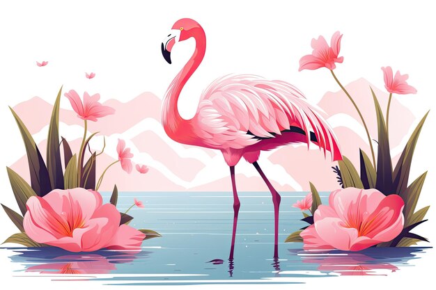 Flamingo rosado con flores y hojas sobre un fondo claro