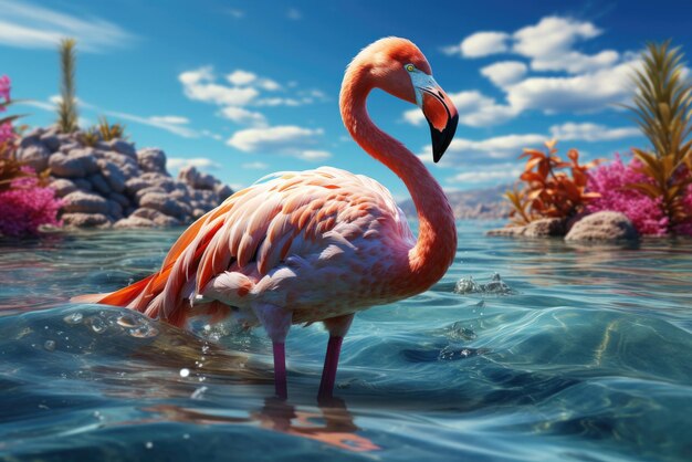 Flamingo rosado de pie en el agua