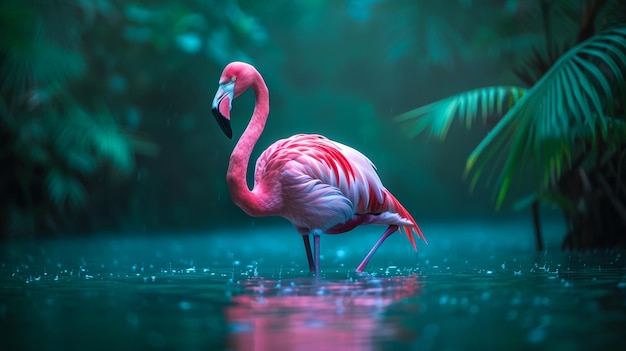 Flamingo rosado de pie en un estanque poco profundo de fondo de primavera verde oscuro y azulado