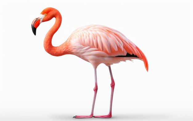 Flamingo rosado de pie frente a un fondo blanco