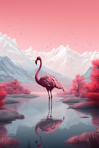 Flamingo steht auf rosa Bergen im Hintergrund