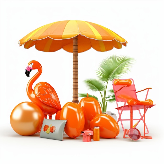 Flamingo tropical de verano con sandía playa paraguas palmeras vacaciones festivas de verano playa
