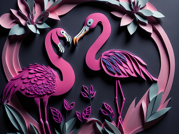 Flamingo und Blumen auf schwarzem Hintergrund