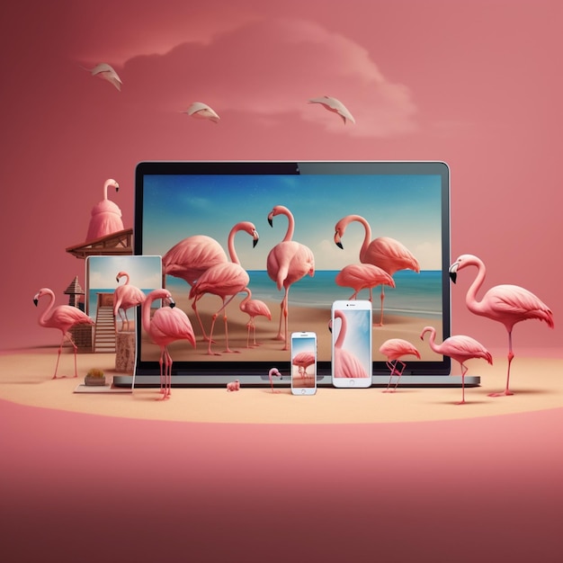 Flamingo-Vogel mit MacBook-Gerät Flamingo-Vogel auf Strand-Hintergrundbild KI-generierte Kunst