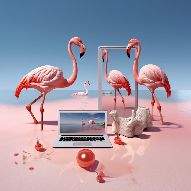 Flamingo-Vogel mit MacBook-Gerät Flamingo-Vogel auf Strand-Hintergrundbild KI-generierte Kunst