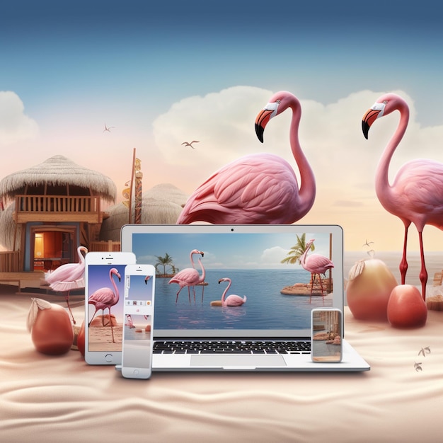 Flamingo-Vogel mit MacBook-Gerät Flamingo-Vogel auf Strand-Hintergrundbild KI-generierte Kunst