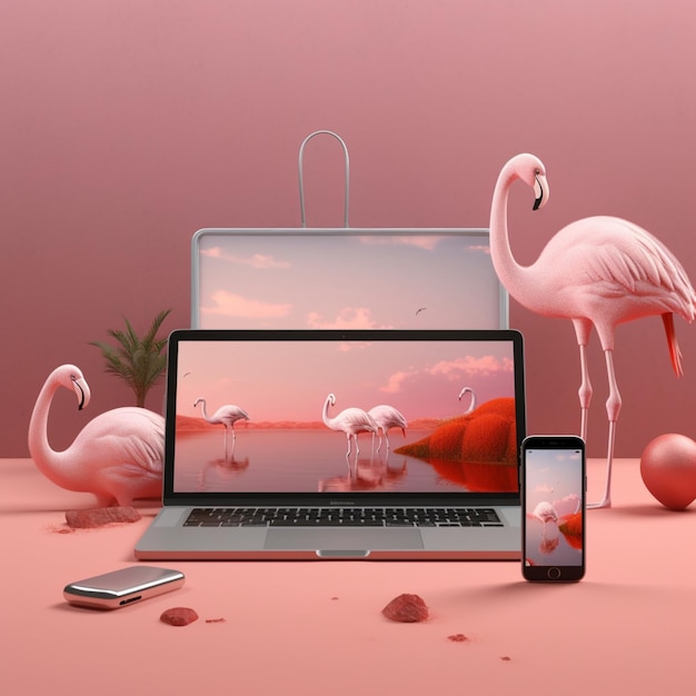 Flamingo-Vogel mit MacBook-Gerät Flamingo-Vogel auf Strand-Hintergrundbild KI-generierte Kunst