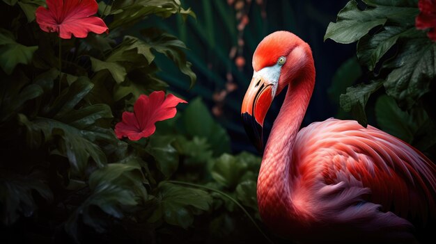 Flamingo vor dem Hintergrund exotischer Blätter KI