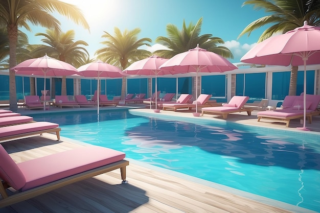 Flamingos cor-de-rosa em uma piscina azul com cadeiras de sol e guarda-chuvas o conceito de relaxamento em um hotel no mar renderização 3D