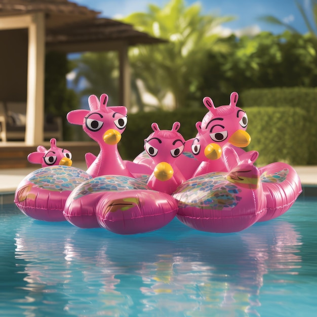 Flamingos cor-de-rosa flutuam na piscina