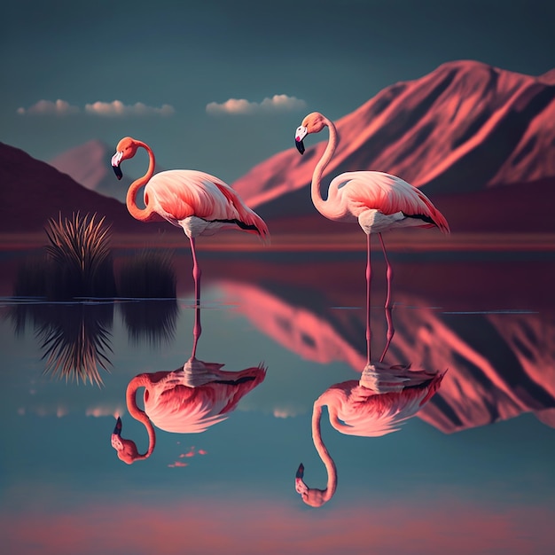 Flamingos cor de rosa no lago contra o fundo das montanhas cor de rosa magnífica paisagem natural