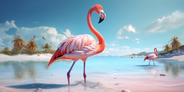 flamingos de pé na praia com um céu azul e palmeiras generativo ai