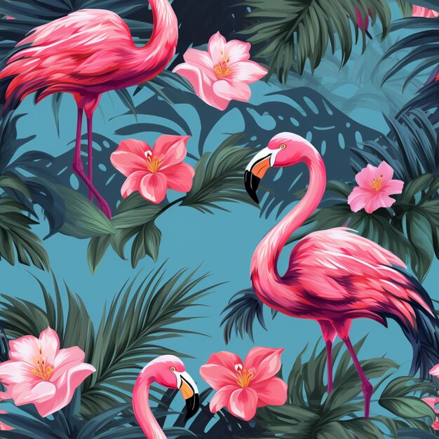 Foto flamingos e flores tropicais sobre um fundo azul