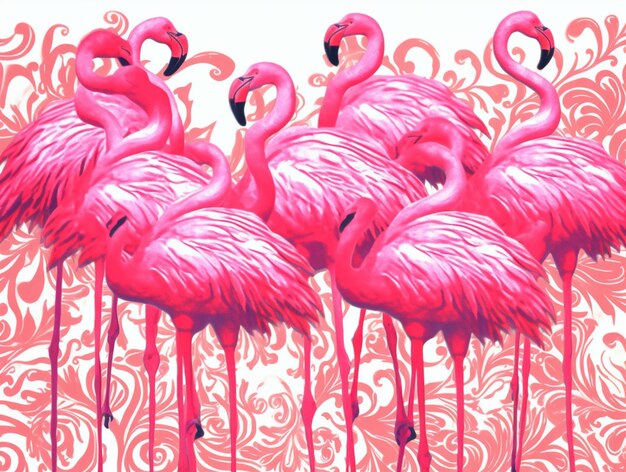 Flamingos em pé em uma linha com fundo rosa e branco generativo ai