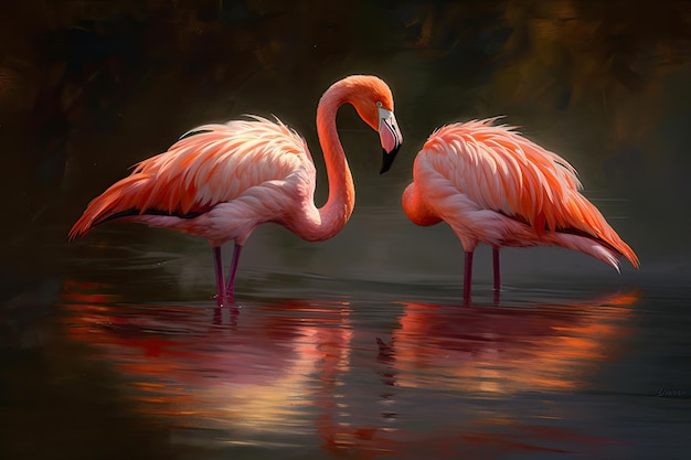 Flamingos entrelaçados em pôr-do-sol refletem o amor generativo IA