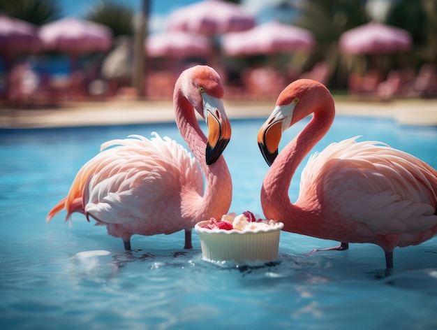 Flamingos essen Eis im Pool