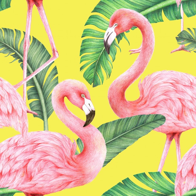 Flamingos y hojas de plátano sobre un fondo amarillo