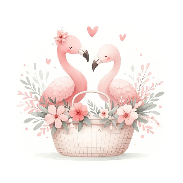 Flamingos in der Liebe Aquarell mit Blumenkorb