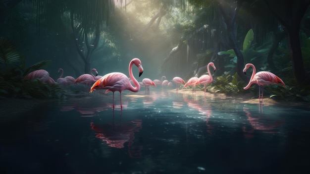 Flamingos in einem Dschungel mit Bäumen und der Sonne, die auf sie scheint