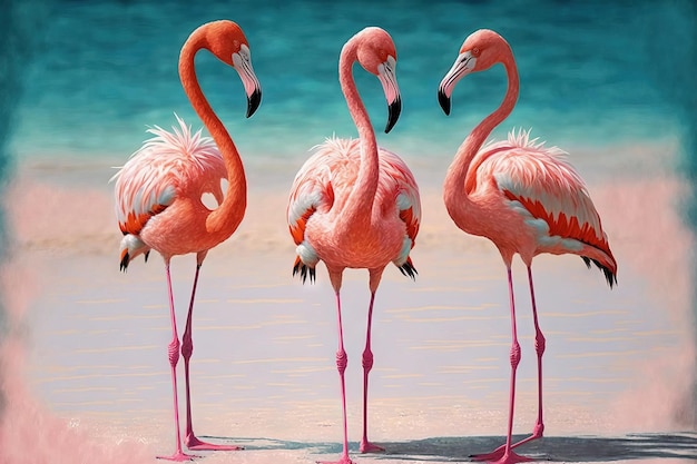 Flamingos na praia três deles