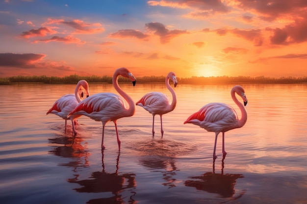 Flamingos no pôr-do-sol do lago com Ai Generated