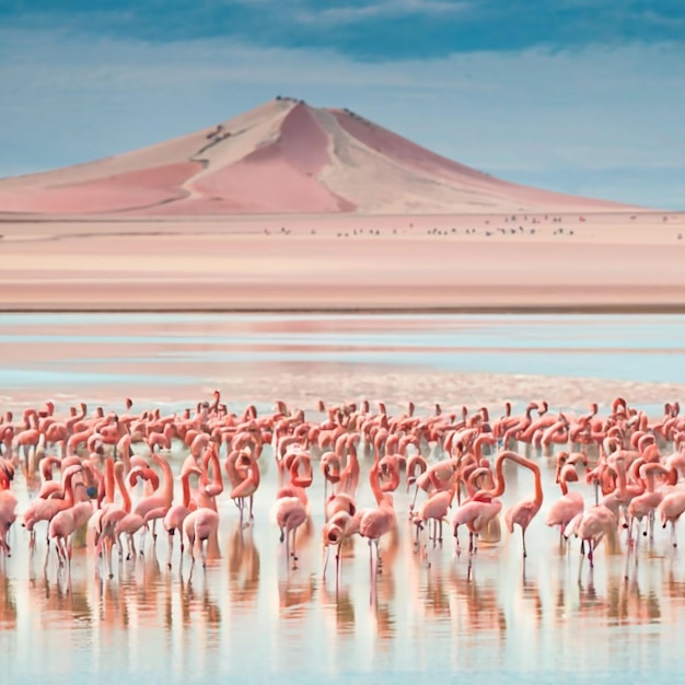 Flamingos reunidos junto a un lago salado rosado