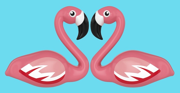 flamingos rosa em forma de coração olhando para a frente ilustração 3d de pássaro exótico