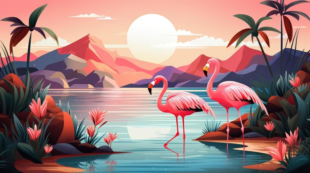 Flamingos rosados al atardecer o al amanecer Paisaje tropical con palmeras y montañas de flamencos